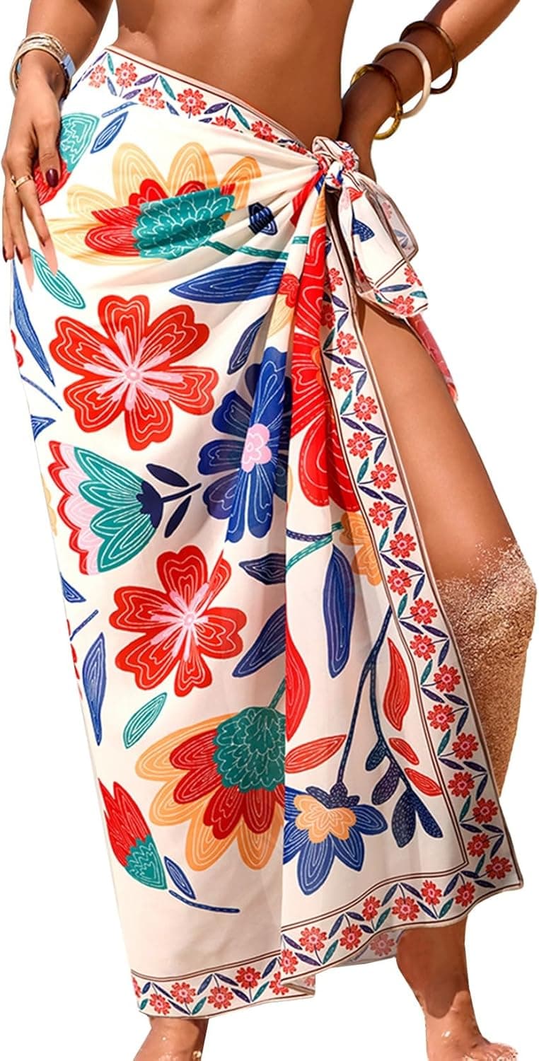 Herseas Women Sheer Sarong High Slit One Size Swimsuit Coverups 2026 Summer Floral Print Chiffon Wraps Beach Cover Up