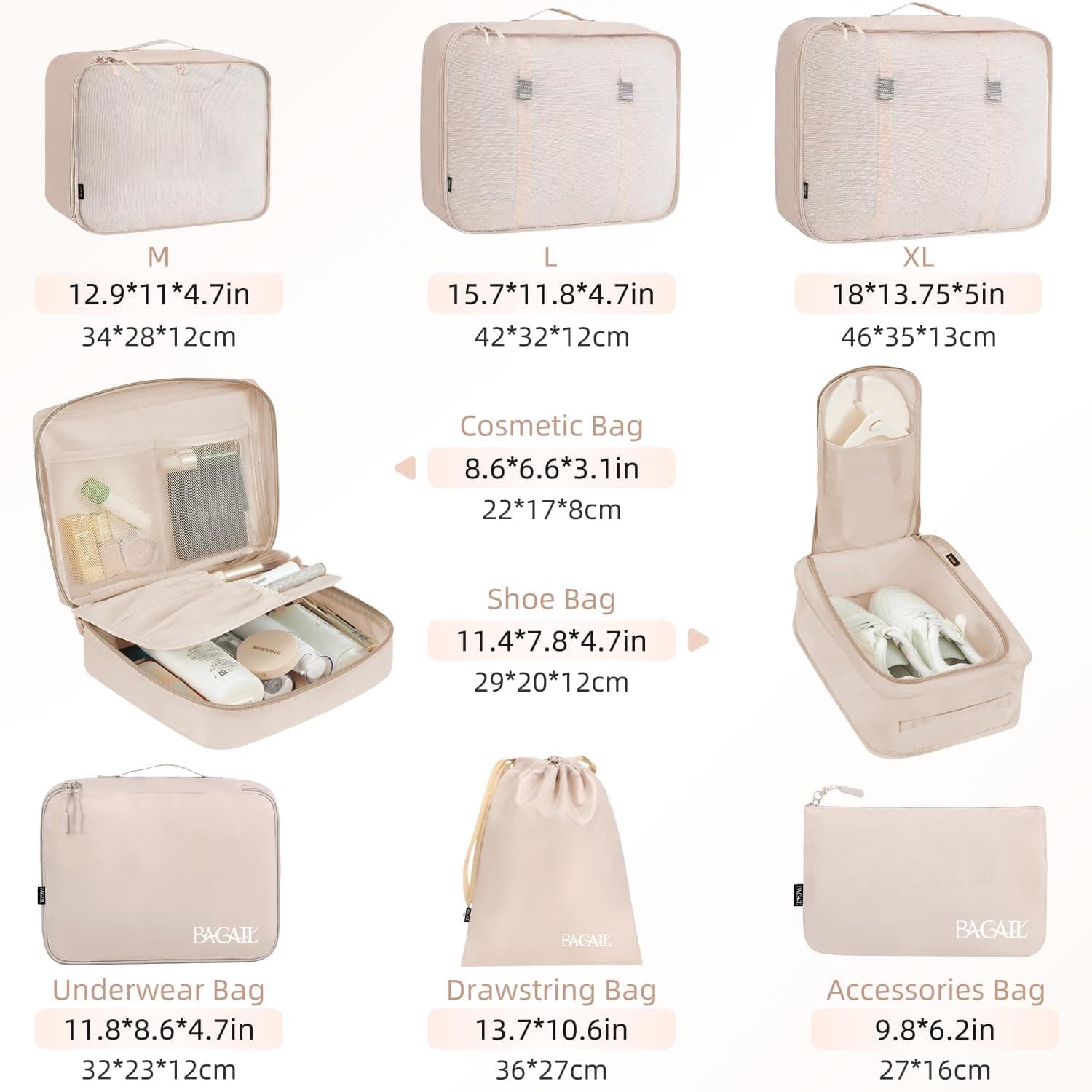 BAGAIL 8 Set Packing Cubes - Cream - Image 1
