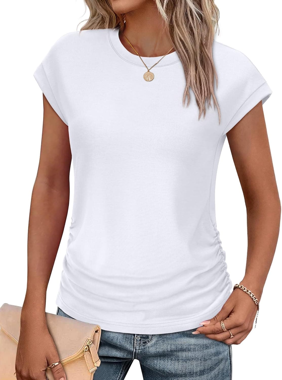 SAMPEEL Womens Summer Tops Trendy 2025 Ruched Cap Short Sleeve Tshirts Shirts Crew Neck T Shirts Fashion