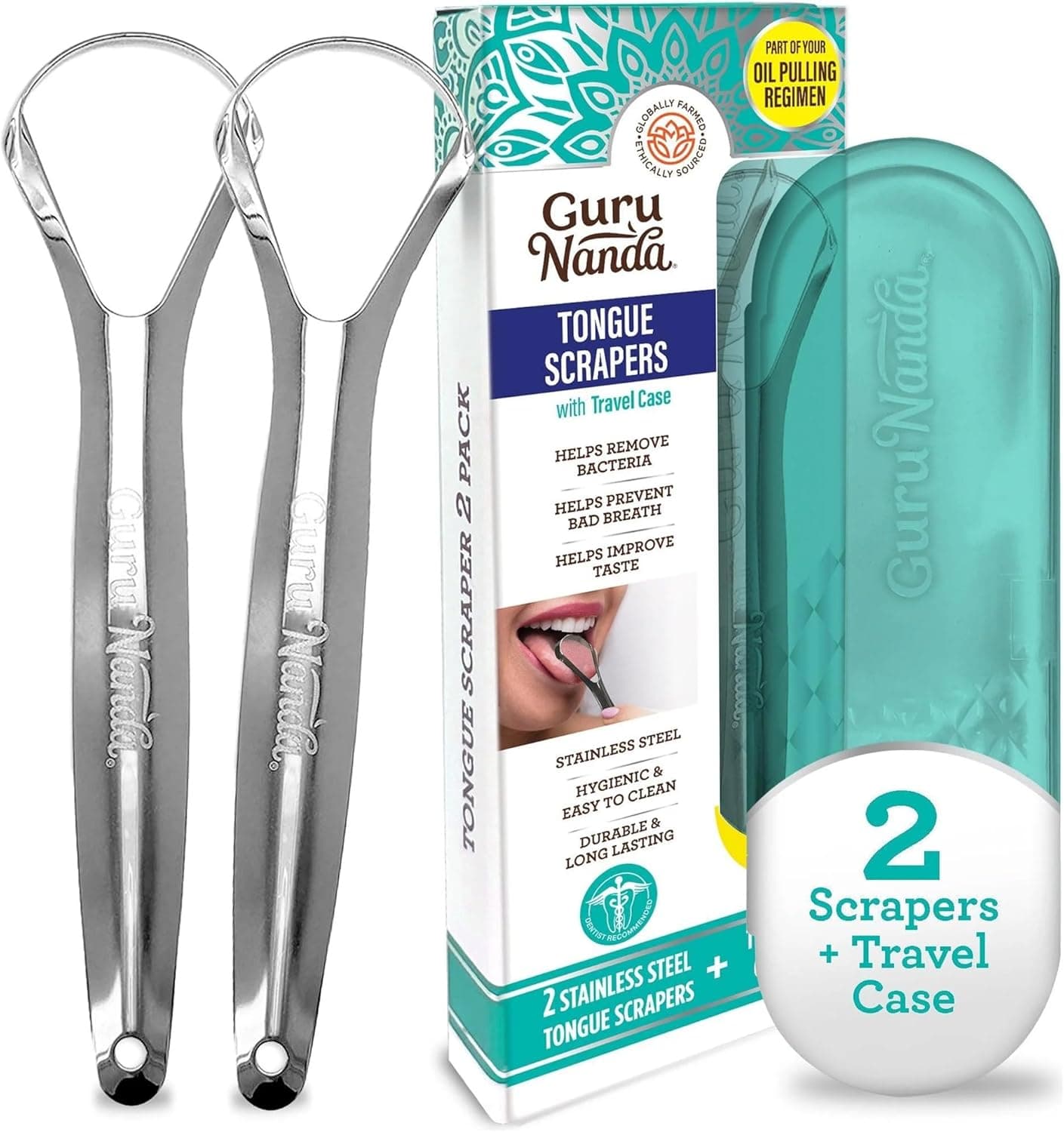 GuruNanda Tongue Scraper for Adults (2 Pack) with Travel Case - 420 Medical image 1